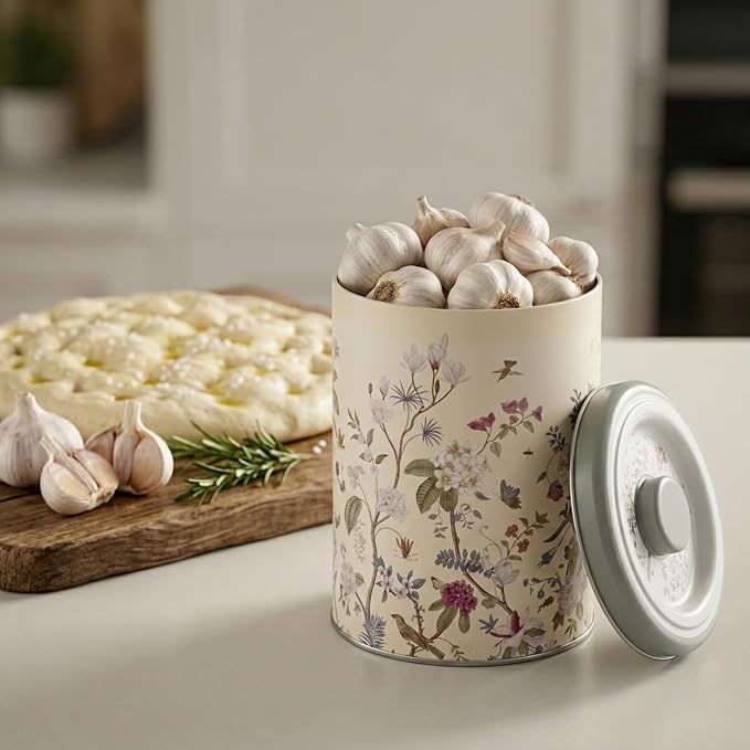MARIA ROMA Metal Potato and Onion Storage Bin Set of 3 with Garlic Keeper - Vintage Metal Kitchen Canisters, Vegetable Storage Containers - Farmhouse Rustic Pantry Organization - Image 8