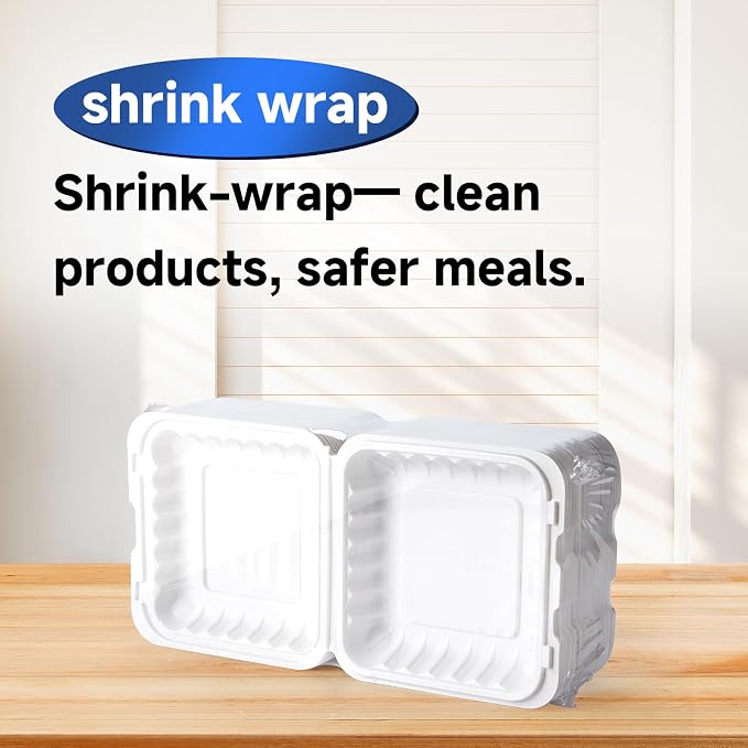 White To Go Containers 8" 34 oz 55 Pack - Shrink Wrap Ready to Use | Mineral Filled PP BPA Free Clamshell Boxes | Food Grade Freezer Microwave Dishwasher Safe | Bulk for Catering & Restaurants - Image 2