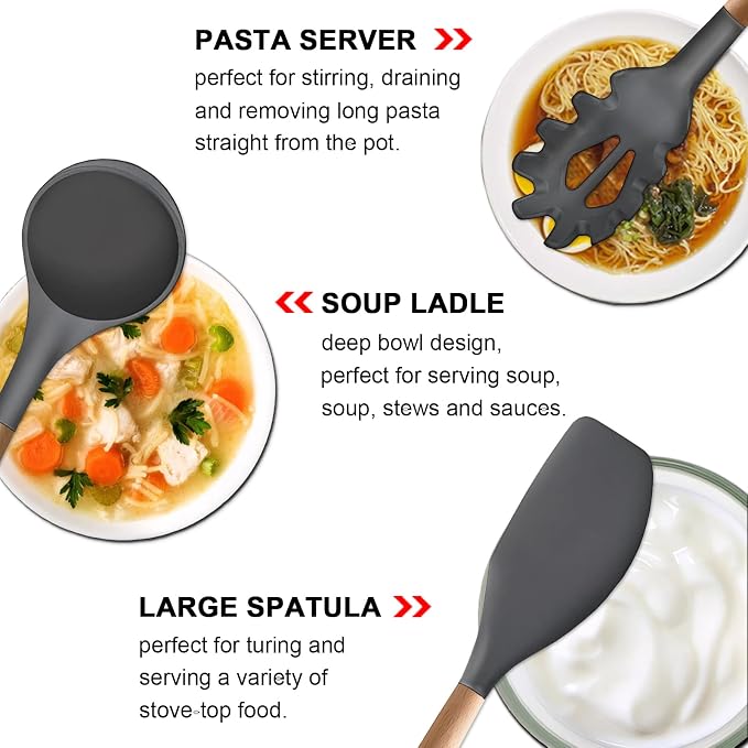 Kitchen Cooking Utensils Set, 6Pcs Silicone Kitchen Utensils Set Spatula Spoon Soup Ladle Turner, Heat Resistant Wooden Handle Silicone Cooking Gadgets for Nonstick Cookware & Baking BPA FREE - Image 4