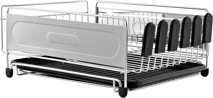 happimess Dish Drying Rack Compact Stainless Steel, 17.25", Silver/Black | Fingerprint-Proof, Wine Glass Holder, Detachable Utensil Caddy, Drainboard, Non-Slip Feet, Modern Contemporary Style - Image 15