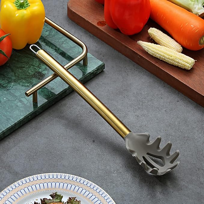 Gold Spaghetti Spoon, Berglander Non-stick Silicone Pasta Server With Titanium Gold Plating Handle, Spaghetti Server For Cooking, Pasta Fork, Noddle Fork, Dishwasher Safe, Easy to Clean - Image 3