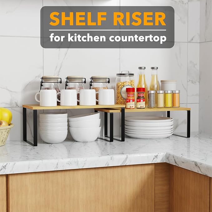 SpaceAid Cabinet Shelf Organizers 8 Pack, Kitchen Counter Rack Shelves Riser, Stackable Expandable Spice Rack, Pantry Cupboard Storage Organization (Black and Natural, Long) - Image 4
