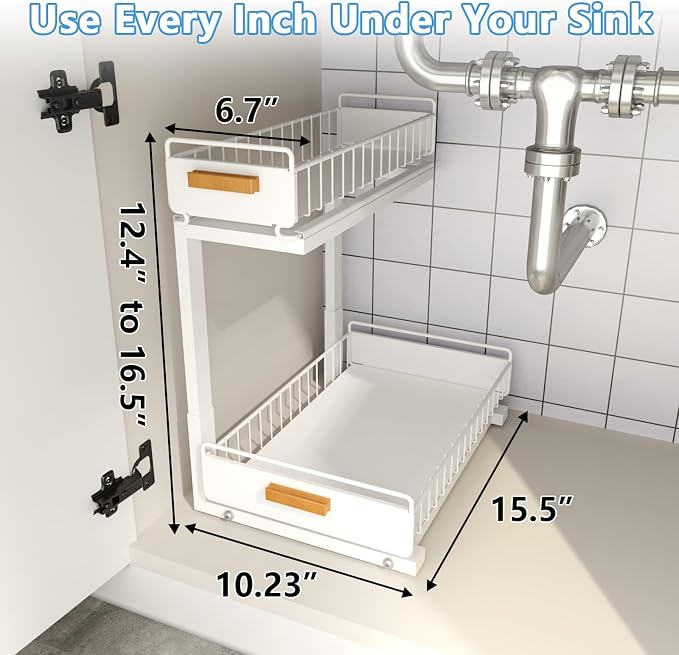 Under Sink Organizer Kitchen - Upgraded Professional Rails, 2 Tier Dual Pull Out Cabinet Storage, Height Adjustable Under Sink Storage, Metal Sliding Drawer for Kitchen & Bathroom, White, 2 Pack - Image 5