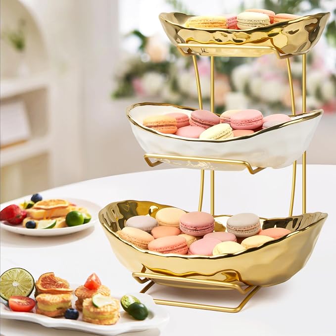 Fruit Bowl for Kitchen Counter with Metal Stand, 3 Tier Fruit Basket for Counter, White Gold Ceramic Fruit Bowl, Detachable Rack for Fruit Vegetable Snack Dessert Storage (Gold) - Image 7