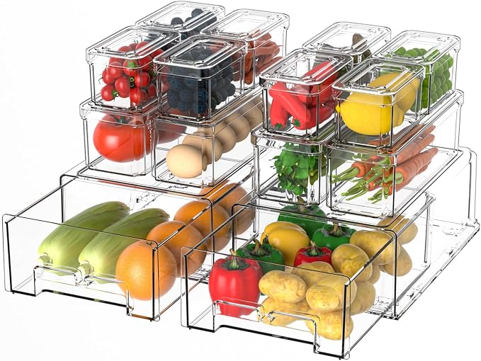 damynuo 14Pack Fridge Organizer Bins, Clear Refrigerator Organizing Containers with Lids and Refrigerator Drawers, Stackable Food, Vegetable and Fruit Containers for Fridge Organizers and Storage by PERFECTSOLUTIONFORORGANIZER
