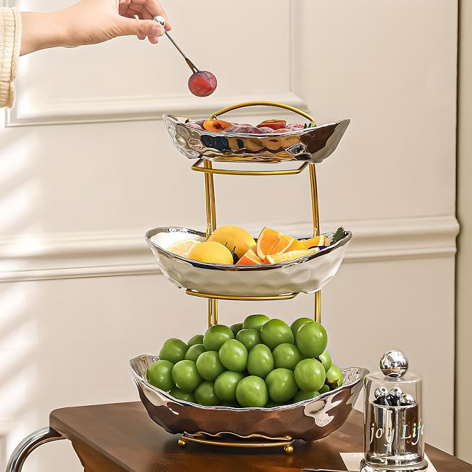 XUDREZ 2 Tier/ 3 Tier Fruit Bowl with Metal Stand for Kitchen Counter, Ceramic Gold Silver, Portable Tiered Fruit Basket Fruit Rack for Nuts, Snacks, Bread, Candy Storage (Silver, 2 Tier) - Image 6