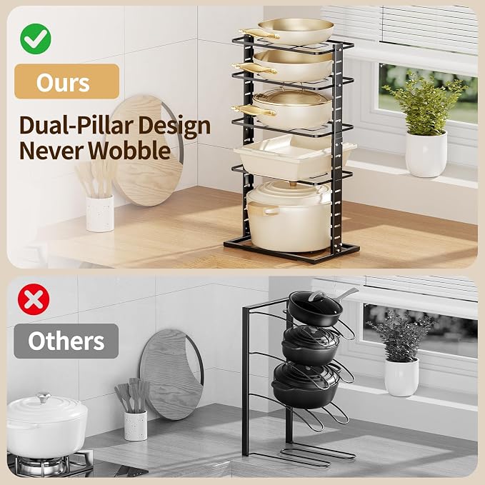 LAMU Pots and Pans Organizer Under Cabinet, 5 -Tier Dual-Pillar Design | Adjustable All-Metal Rack Stores Pots, Pans And Lids in Cabinets, on Countertops or Under Sinks, Holding Up to 55 Lb Black - Image 3