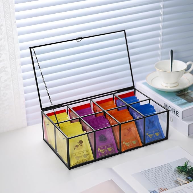 REDHUGO Glass Tea Bag Organizer, 8-Compartment Tea Storage Box, Black | Handmade glass tea bag box with lid and 8 compartments, keeps tea bags tidy for counters, kitchens and tea stations - Image 6