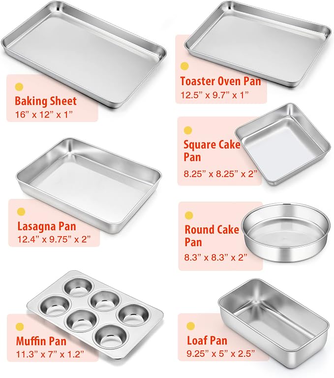 TeamFar Stainless Steel Bakeware Set of 7 | Baking Sheet & Toaster Oven Pan, Square & Round Cake Pan, Muffin Pan & Loaf Pan, Lasagna Pan, Healthy & Sturdy, Easy Clean - Image 2