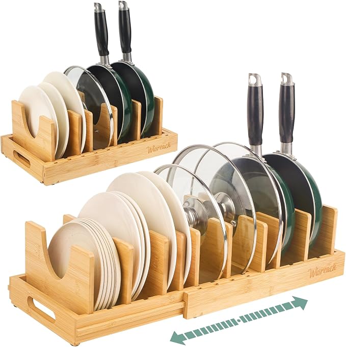 Wisreach Bamboo Pot Lid Organizer, Adjustable Kitchen Organizer for Cabinet, Expandable Pot and Pan Storage Rack, Kitchen Organization for Lids, Bakeware, and Cutting Boards by Wisreach