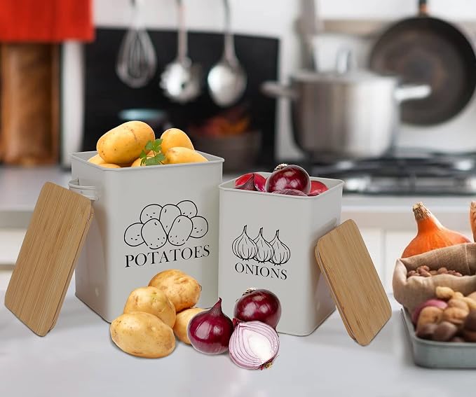 Kitchen Vegetable Storage Tins Set of 2, Onion and Potato Storage Bins with Wooden Lid and Aerating Holes, Garlic Bin Caddy, Vintage Kitchen Decor, White - Image 5