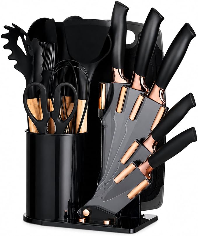 19-Piece Black Kitchen Utensils Set with Knife Set & Cutting Board - Silicone Cooking Utensils with Wooden Handles, Rose Gold Accents, Scissors, Whisk & Tongs - BPA-Free Modern Black Kitchen Gift Set by DANFFI