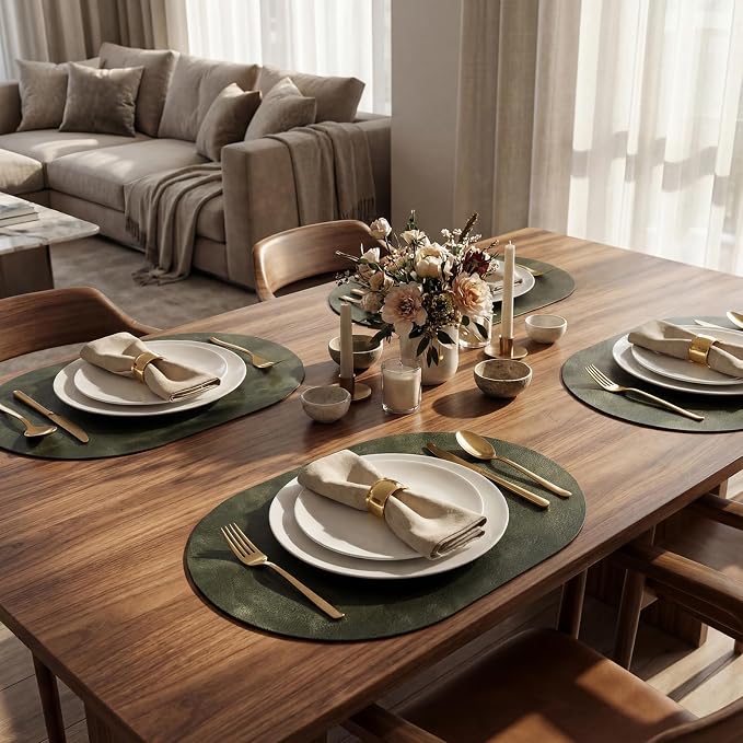 Oval Placemats 2mm Ultra Thick Faux Leather Table Mats, Heat Resistant Waterproof Wipeable Dining Mats for Kitchen Table, Set of 4, Olive Green - Image 5