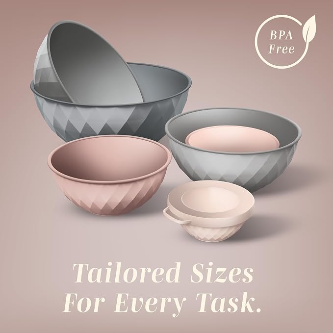 COOK WITH COLOR Mixing Bowls with Lids - 12 Piece Plastic Nesting Bowls Set includes 6 Prep Bowls and 6 Lids, Microwave Safe Mixing Bowl Set, Grey/Pink Diamond - Image 5