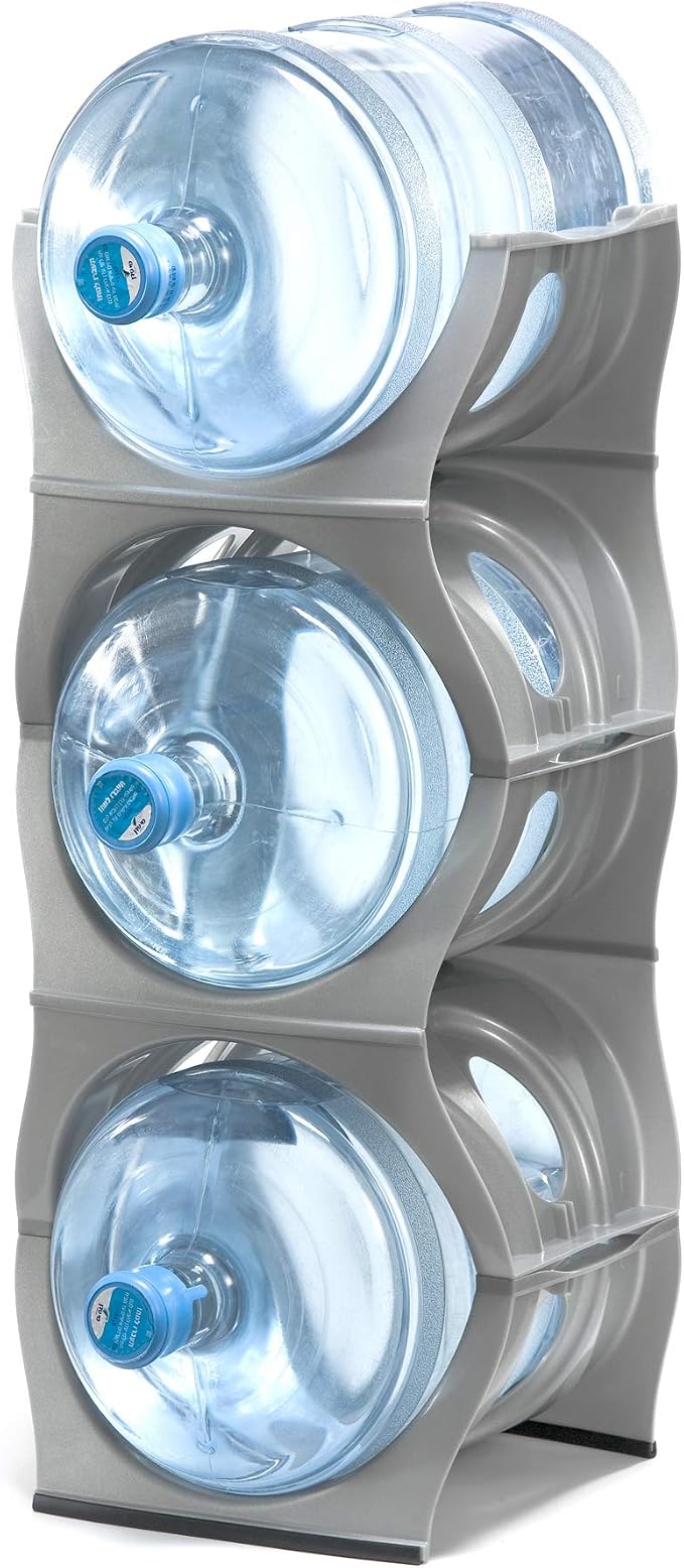 Stackable Water Bottle Storage Rack Best Water Jugs 5 Gallon Organizer. Jug Holder for Kitchen, Cabinet and Office Organizing. Reinforced Polypropylene (Silver, 3 No Shelf) by Bariboo