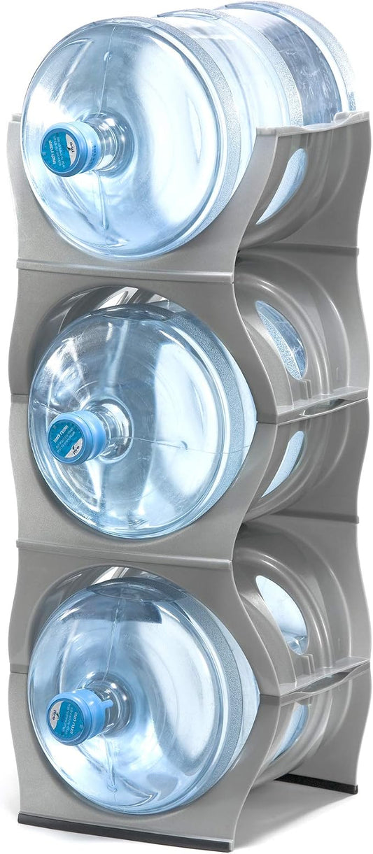 Stackable Water Bottle Storage Rack Best Water Jugs 5 Gallon Organizer. Jug Holder for Kitchen, Cabinet and Office Organizing. Reinforced Polypropylene (Silver, 3 No Shelf) by Bariboo