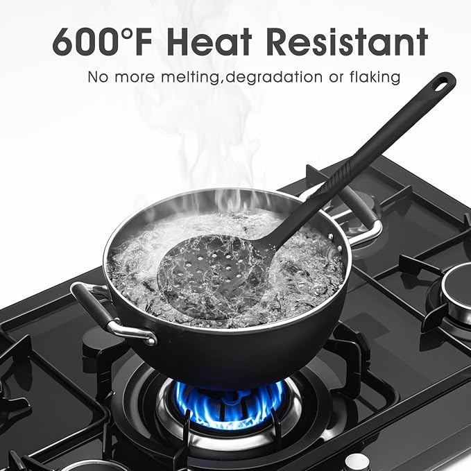 Silicone Cooking Utensils Set - 600°F Heat Resistant, Nonstick Kitchen Utensil Set with Spatulas, Spoons, Whisk, Tongs, BPA Free, Dishwasher Safe, Black - Image 8