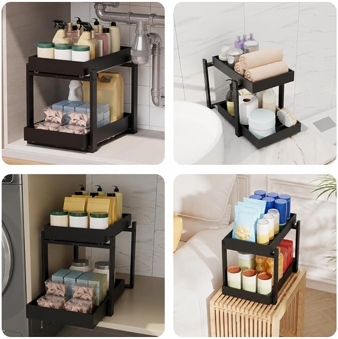 Bamboo Under Sink Organizer 2 Tier Pull Out Cabinet Storage Drawer - Image 4