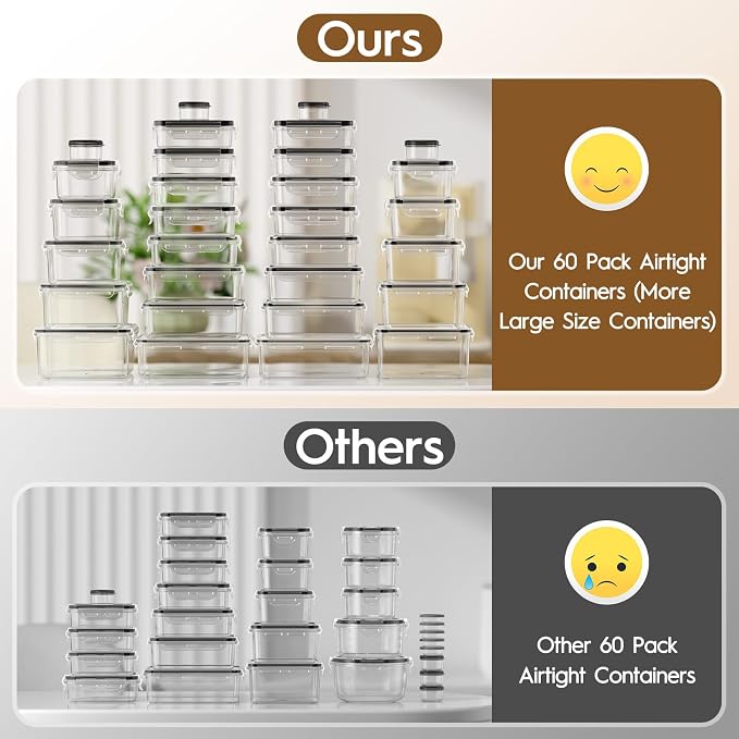 KEMETHY 60 PCS Food Storage Containers with Lids Airtight, Total 737oz, BPA-free, Food-grade, Eco-friendly Material, Leak Proof Plastic Containers, Microwave/Dishwasher Safe - Image 3