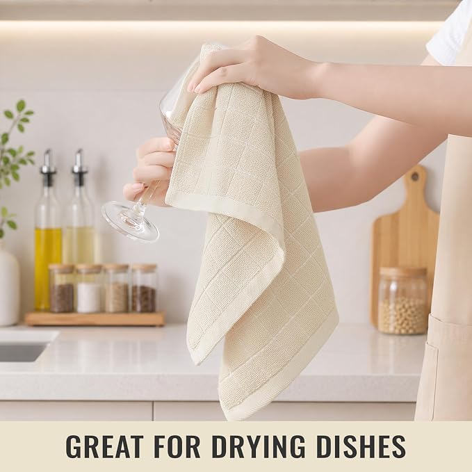 Kitinjoy 100% Cotton Terry Kitchen Towels, 13”x 28”, 8-Pack, Beige | Checkered Designed, Ultra Soft Absorbent Quick Drying Dish Towels - Image 6