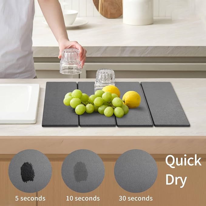 Stone Dish Drying Mat - Large Foldable Marbled Quick Drying Dish Mats, Stone Coasters Set of 4 Collapsible Ultra Absorbent Diatomaceous Earth Mats for Kitchen Counter Bathroom (Grey-4Pcs) - Image 3