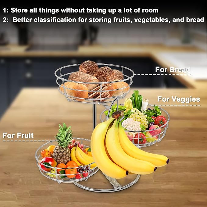 Livabber Fruit Basket Bowl with Banana Hanger, Fruit Vegetable Storage Basket with Banana Tree Holder for Kitchen Counter, Detachable Organizer for Bread Snack Produce (Chrome, 3-Tier Metal Base) - Image 4