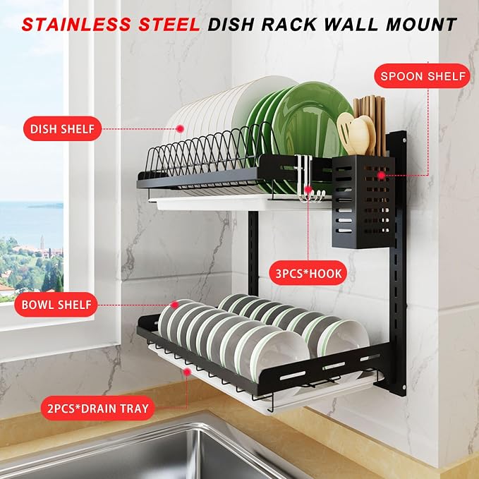 Hanging Dish Drying Rack, Wall Mounted Dish Rack Kitchen, 2 Tier Plate Organizer Wall Mount, Stainless Steel Dish Drainer Storage Shelf with Drainboard, Cutlery Holder, Black, Ajustable Height ( 16" ) - Image 2