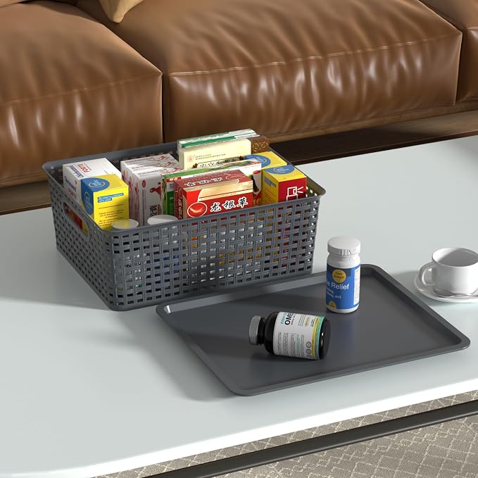 Hespama 6 Packs Grey Lidded Organizer Baskets, Stackable Storage Basket | Plastic Weave Basket for Shelves Cabinets Desktops - Image 6
