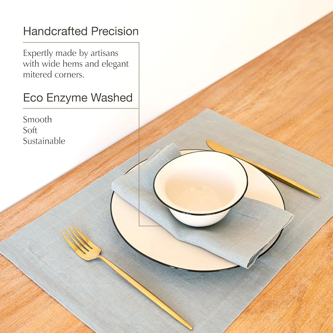 KNOKNO Home Pure Hemp Placemats 18 x 12 Inch Set of 4 Handcrafted with Mitered Corners Natural Fabric,Machine Washable Table Mats for Dining Tables (Stone Blue, Placemats | Set of 4) - Image 2