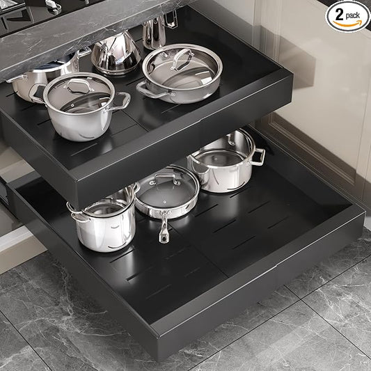 Seinloes 2 Pack Pull Out Cabinet Organizer 22" Deep,Full Extension 3 Slide Rails Slide Out Drawers With Raising Pad for Framed Cabinets,Expandable Width (12.3"-20.5"),No Drill Roll Out shelf,Black by Seinloes