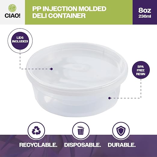 CIAO! 8OZ PP Injection Molded Soup-Deli Container with LLDPE Lid, Microwavable and BPA Free (240/240 combo pack) - Image 2