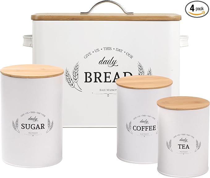Baie Maison Extra Large White Farmhouse Bread Box for Kitchen Countertop - Bread Storage with Matching Large Kitchen Canisters Set of 3 - Coffee Tea Sugar Container Set (Bread Box & Canisters) by BAIEMAISON