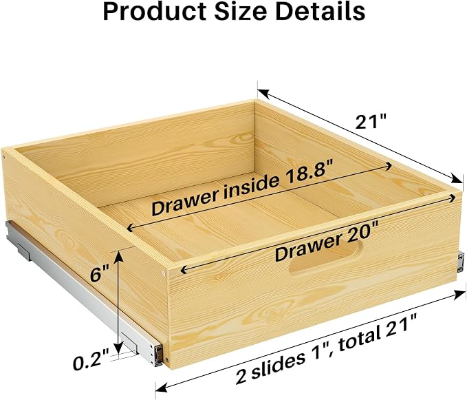 Pull Out Cabinet Organizer, Soft Close Slide Out Solid Wooden Drawers(21"W X 21"D x 6.2''H), Heavy Duty Full-extension Roll Out Shelves for Kitchen Cabinets,Pantry & Closet Organizers and Storage - Image 2