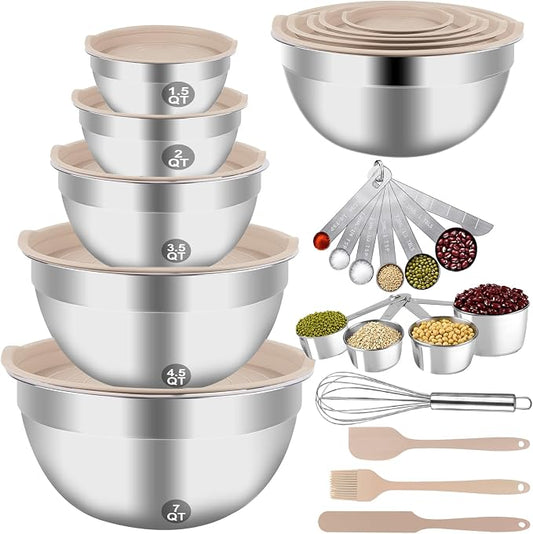 WEPSEN Mixing Bowls Set, 25PCS Khaki Mixing Bowls With Lids Set Stainless Steel Kitchen Large Nesting Metal Bowl 7QT to 1.5QT, Measuring Cups and Spoons for Prepping Cooking Serving by WEPSEN