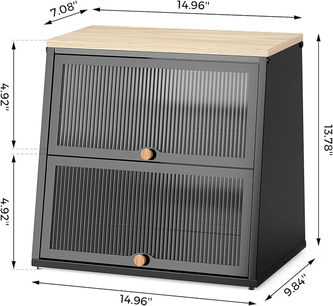 Urackify Bread Box for Kitchen Countertop – 2-Tier Bread Storage Container, Metal Breadbox with Acrylic Wavy Door, Wood Top, Magnetic Seal, Anti-Slip Base, 14.96x9.84x13.78 inch, Black - Image 9