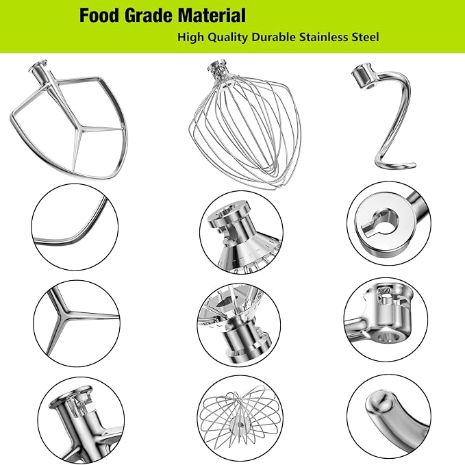 Stainless Steel Stand Mixer Attachments 3-Piece for KitchenAid 7 Qt Tilt Head Stand Mixer. Includes 20 Wire Whisk, Flat Beater, Dough Hook for KitchenAid 7 Qt Mixer Bowl - Image 2
