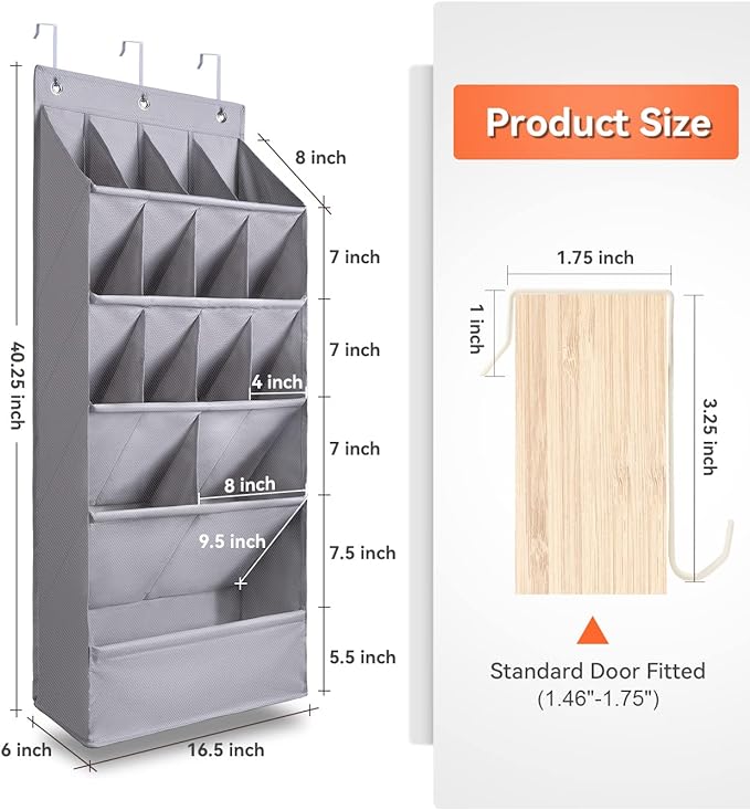 FENTEC 1 Pack Over-the-Door-Shoe-Organizers,Hanging Organizers with Large Pocket Shoe Holder Hanging Shoe Rack for Closet Shoe Organizer for Wall, Over Door Organizer with 15 Pockets Gray - Image 6
