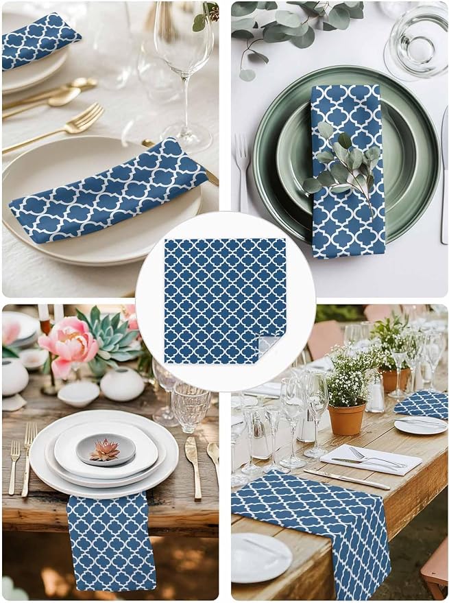 Cloth Napkins Set of 2-20x20 Inches, Blue Moroccon Washable Reusable Table Napkins, Middle Century Minimalist Rustic Geometric Soft & Absortbent Dining Napkin for Party Wedding Hotel Restaurant - Image 4
