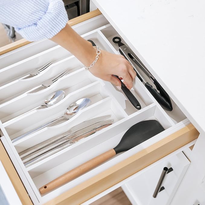 Silverware & Utensil Drawer Organizer, 14.5-25 in, White Bamboo | Cutlery, flatware, food-safe contract grade, kitchen drawer fit - Image 6