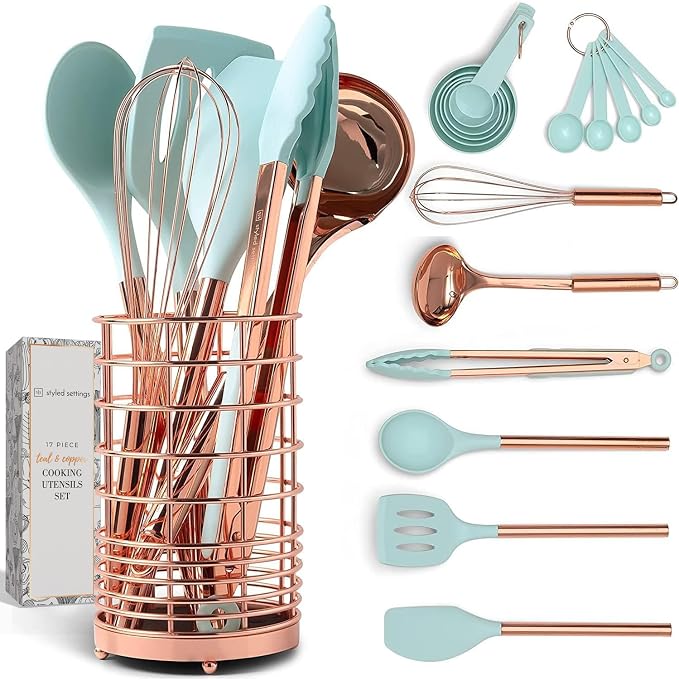 Styled Settings Copper and Teal Blue Kitchen Utensils, 17-Piece | Utensils Set with Copper Utensil Holder and Measuring Cups and Spoons for Stylish Cooking and Baking by STYLEDSETTINGS