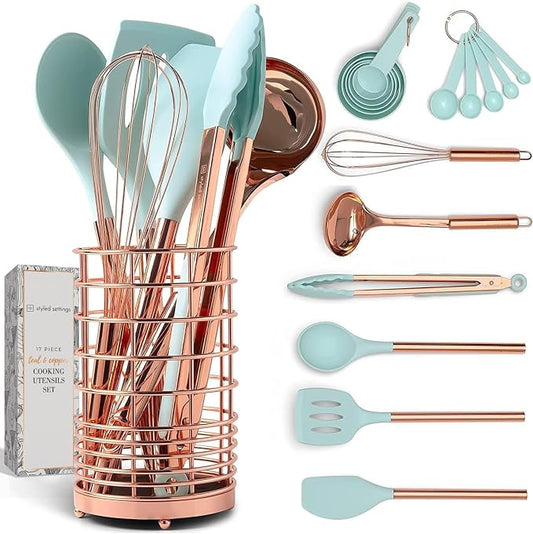 Styled Settings Copper and Teal Blue Kitchen Utensils, 17-Piece | Utensils Set with Copper Utensil Holder and Measuring Cups and Spoons for Stylish Cooking and Baking by STYLEDSETTINGS