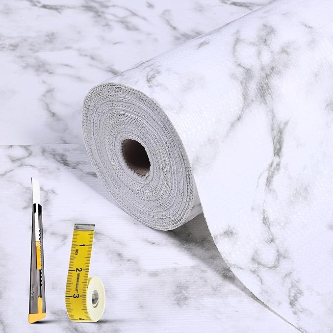 2-Layer Drawer and Shelf Liner for Kitchen Cabinet: 35.4in X 20Ft Non Slip | Waterproof Shelf Paper Non Adhesive Refrigerator Liners White Marble Easy Liners for Bathroom with Knife Tape Measure by Kimhan