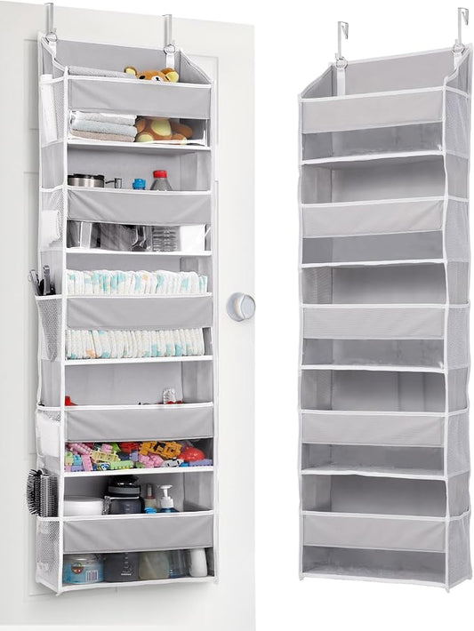 ULG 1 Pack Over Door Organizer with 5 Large Pockets 10 Mesh Side Pockets, 44 lbs Weight Capacity Hanging Storage Organizer with Clear Window for Kids Toys, Shoes, Diapers, Grey, 5 Layer by ULG
