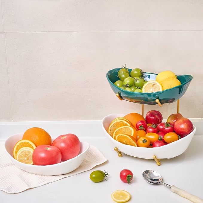 2 Tier Ceramic Fruit Bowl for Kitchen Counter | Fruit Rack with Gold Metal Stand, Fruit Holder for Fruit, Vegetables, Cake, Dessert, Bread Storage (White) - Image 6