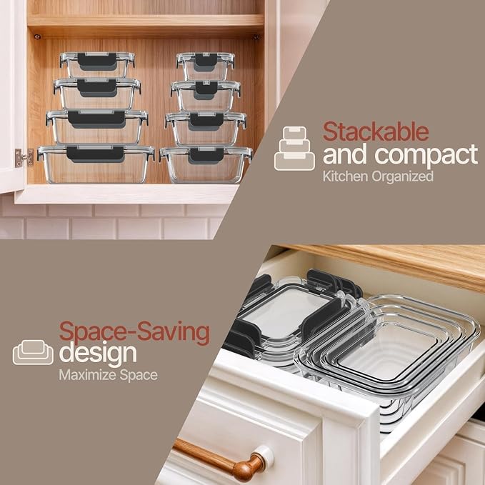 Bakken Borosilicate Glass Food Storage Containers with Lids 24 Pieces, BPA-Free Stackable Lunch & Leftover Containers, Microwave, Freezer & Dishwasher Safe, 100% Airtight Leak-Proof, Black - Image 9