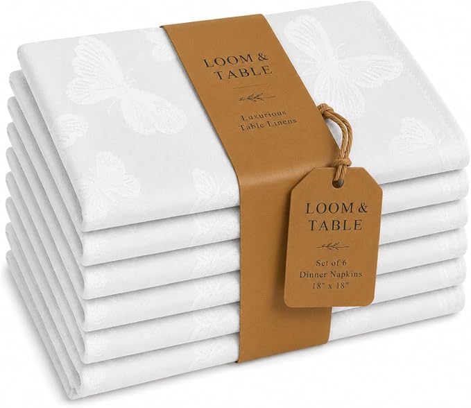 Butterfly White Napkins by Loom & Table – Elegant, Wrinkle-Resistant, Machine Washable – Luxury Napkin for Dining Room, Weddings, Dinner Parties, Holidays, Birthdays, or Everyday Use by LoomandTable