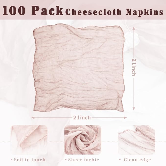 100 Pack Dusty Pink Cloth Napkins 21x21 Inches Dusty Pink Cheesecloth Napkins Set of 100 Washable Dinner Table Napkins for Wedding Bridal Baby Shower Party Rustic Boho Cotton Gauze Party Table Decor - Image 3