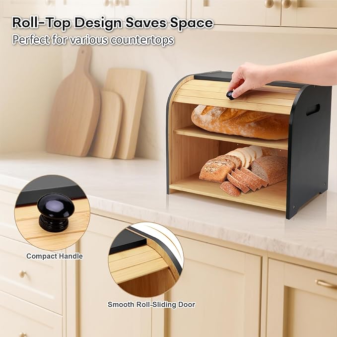 Bread Box for Kitchen Countertop, Two Layer Roll Top Bread Holder | 3 Adjustable Height, Large Capacity, Bamboo Bread Storage Container for Homemade Bread,Breadbox Organizer for Kitchen Counter - Image 5