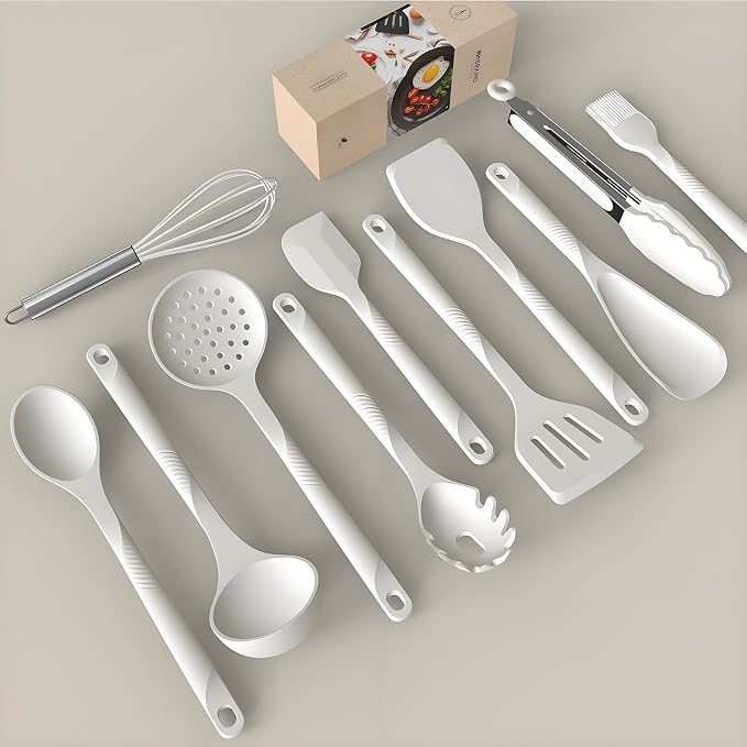 Silicone Cooking Utensils Set - 600°F Heat Resistant, Nonstick Kitchen Utensil Set with Spatulas, Spoons, Whisk, Tongs, BPA Free, Dishwasher Safe, Cream White - Image 2