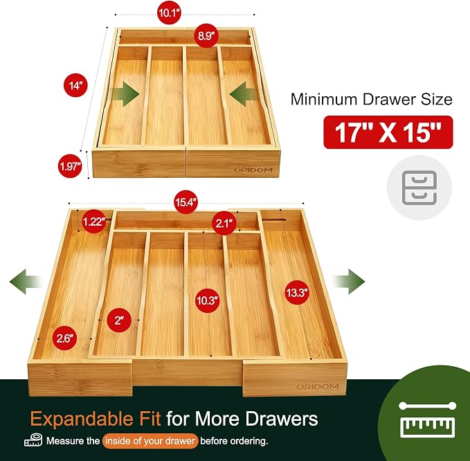 Expandable Bamboo Kitchen Drawer Organizer for Cutlery and Utensils, Adjustable Bamboo Wood Cutlery Tray in Drawer for Flatware and Silverware in Kitchen, (Natural) - Image 2